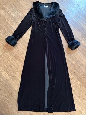 Vintage 90s Jump Apparel Black Velvet Faux Fur Trim Maxi Duster Coat Dress Sz M
